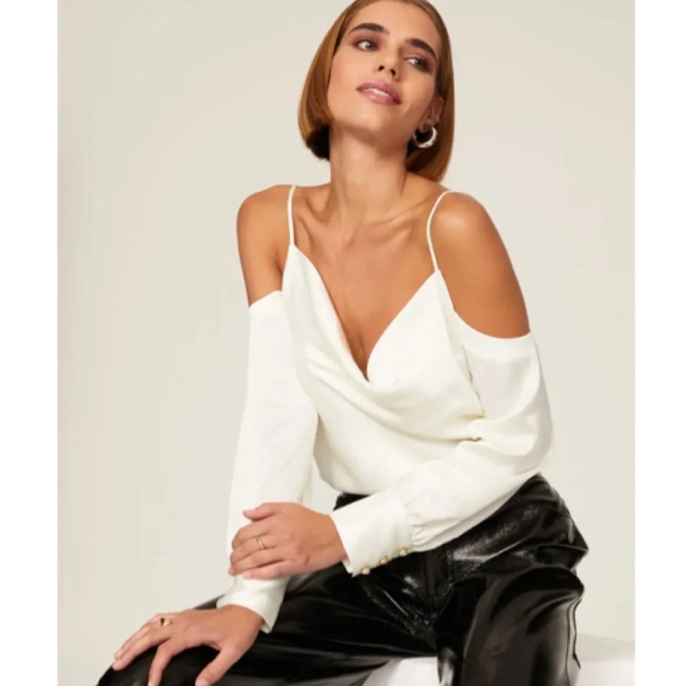 MILLY White Satin Robin Cowl Neck Top Size Large $325